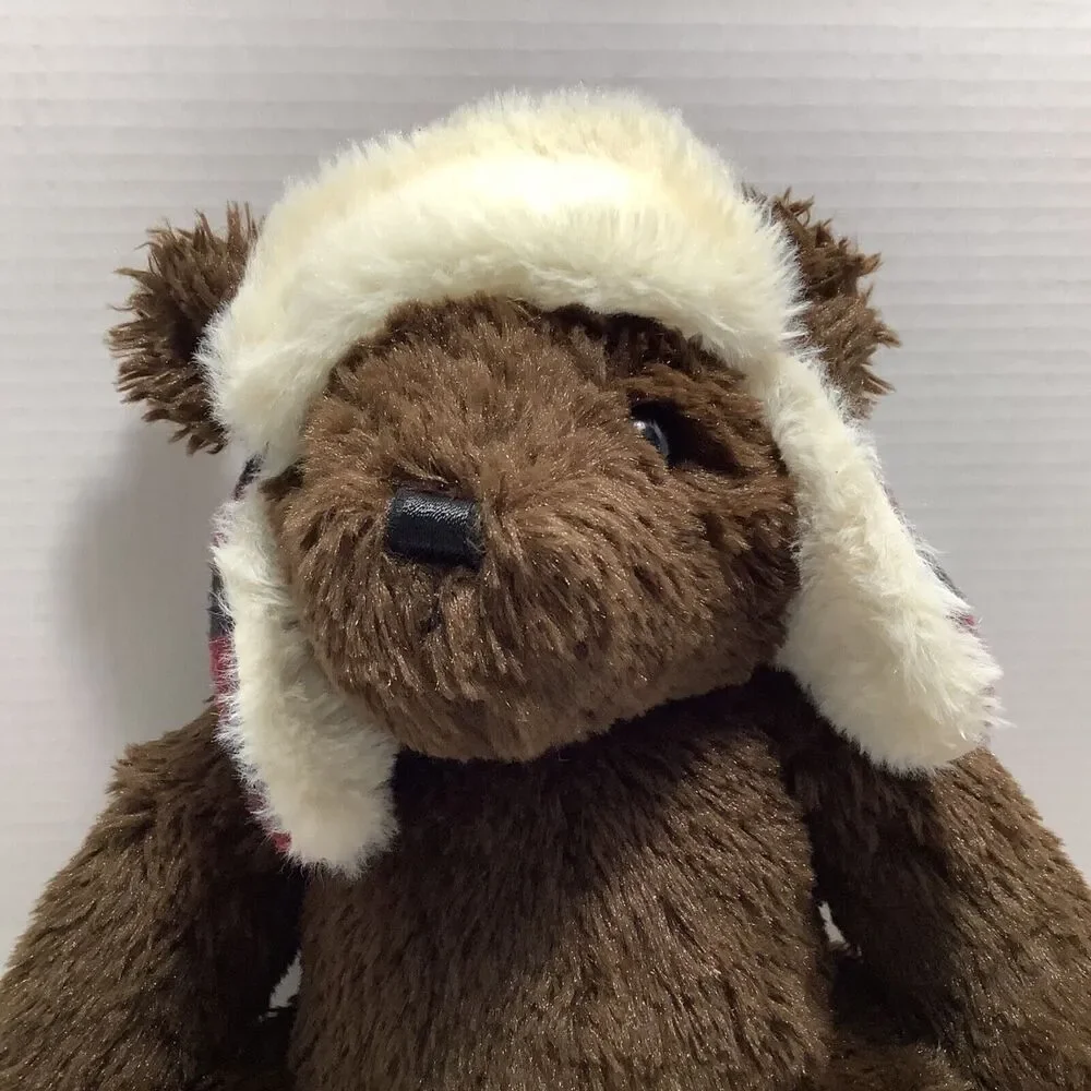 J Bear Jo-Ann Fabric 12” Plush Stuffed Brown bear red Plaid Hat sitting 2017